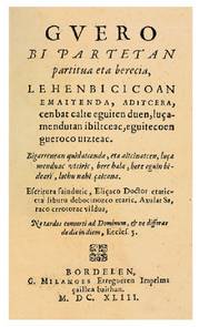 Pedro Axularren Guero-ren lehenbiziko argitaraldiaren azala (Bordele, 1643).<br><br>